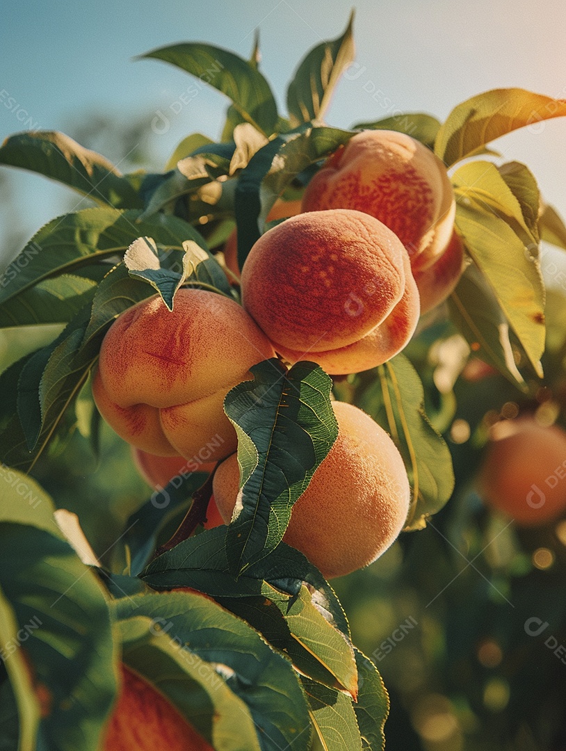 Um pêssego pendurado em um pessegueiro