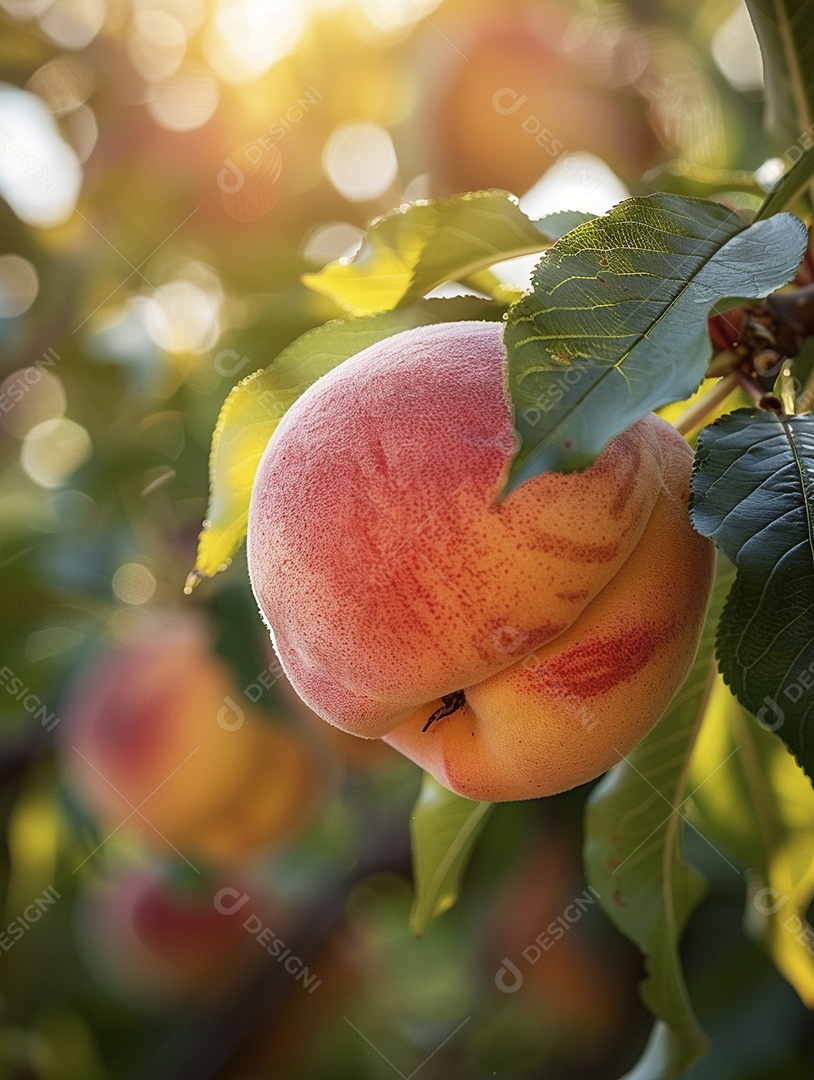 Um pêssego pendurado em um pessegueiro