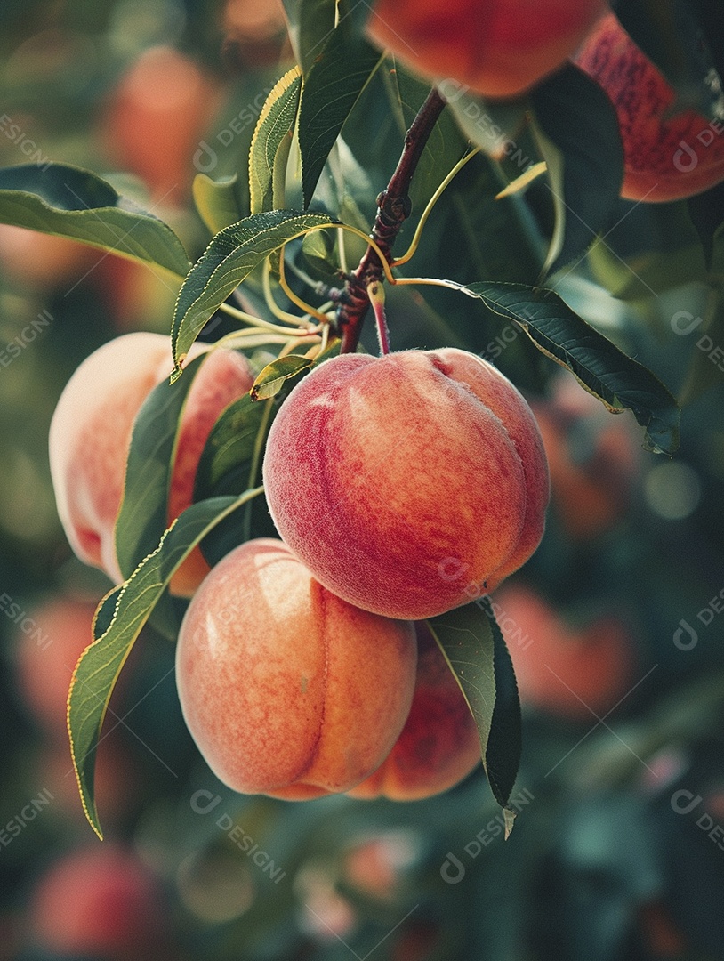 Um pêssego pendurado em um pessegueiro