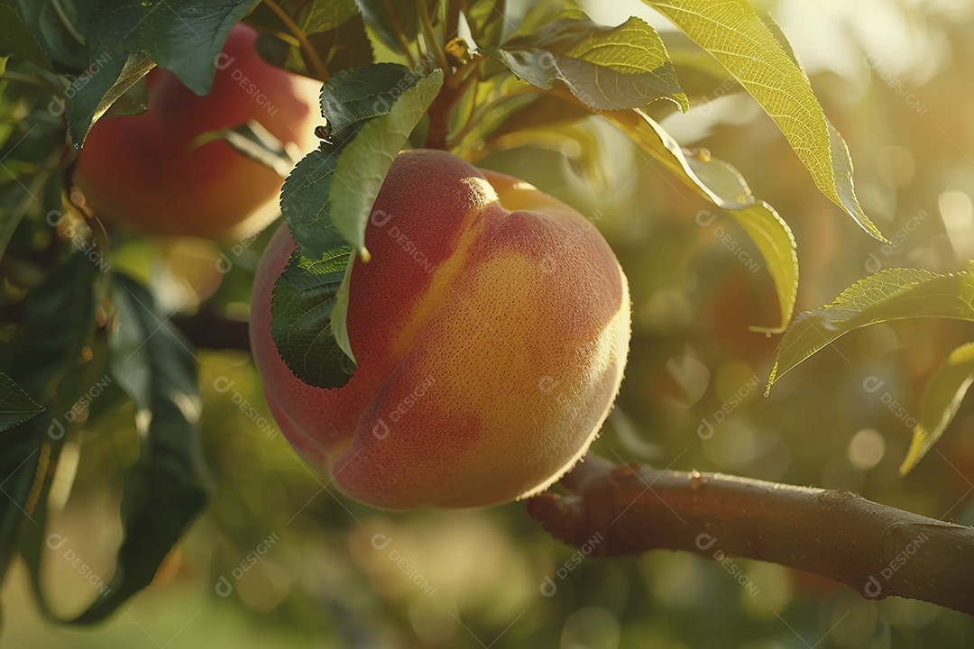 Um pêssego pendurado em um pessegueiro