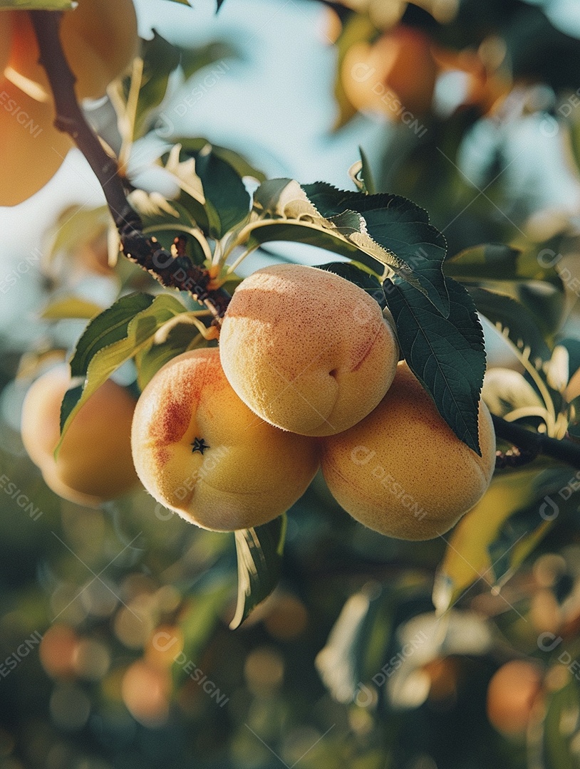 Um pêssego pendurado em um pessegueiro