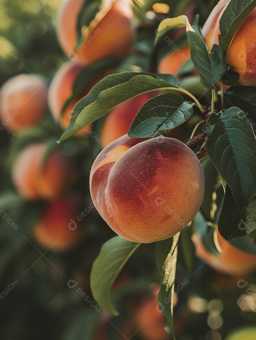 Um pêssego pendurado em um pessegueiro
