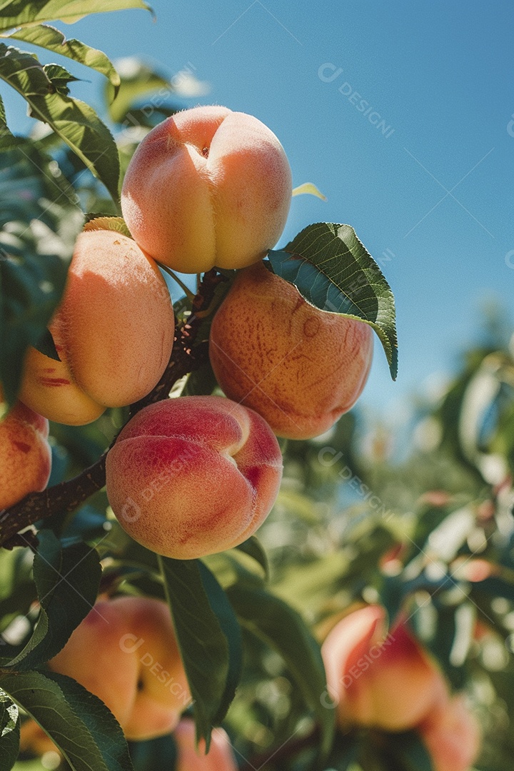 Um pêssego pendurado em um pessegueiro