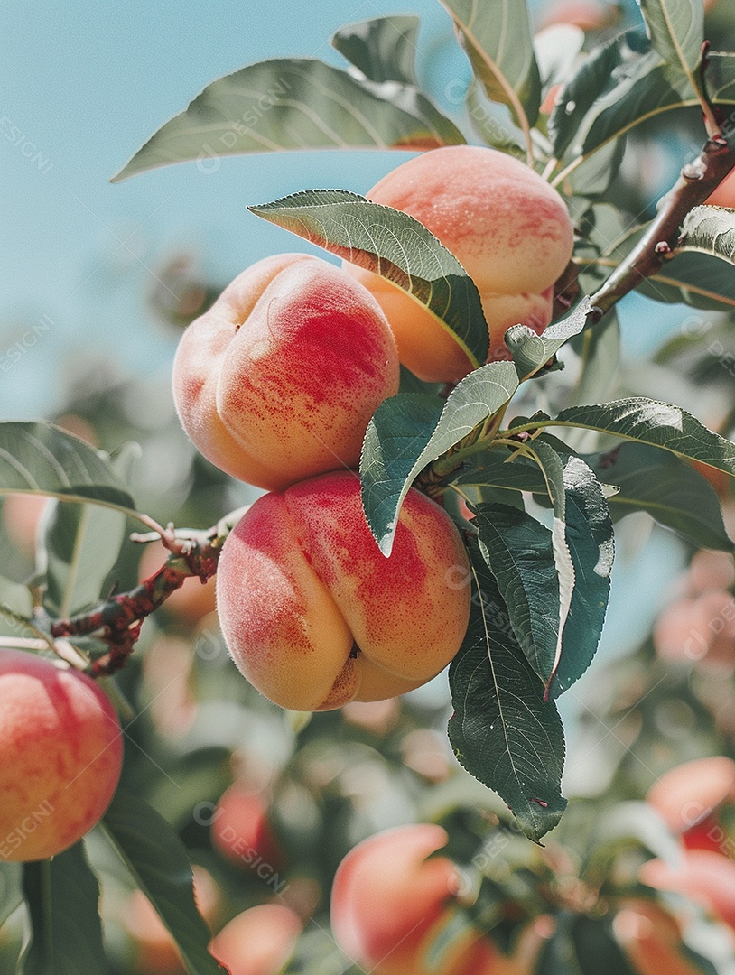 Um pêssego pendurado em um pessegueiro