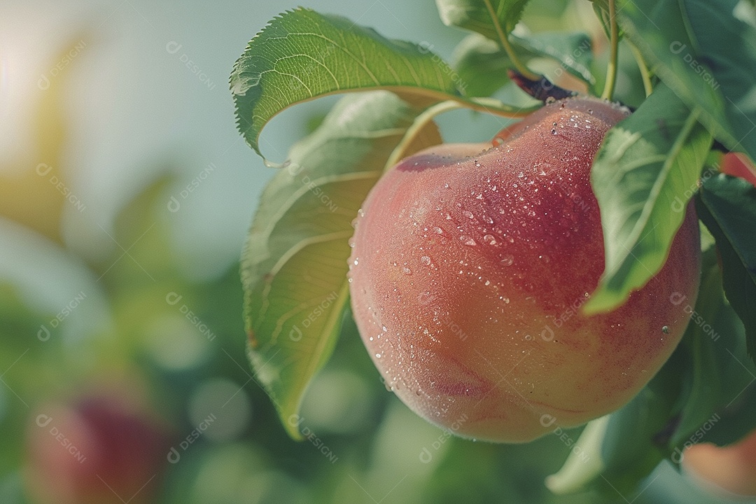 Um pêssego pendurado em um pessegueiro