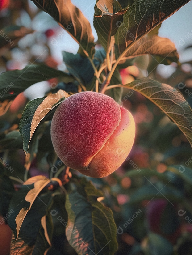 Um pêssego pendurado em um pessegueiro