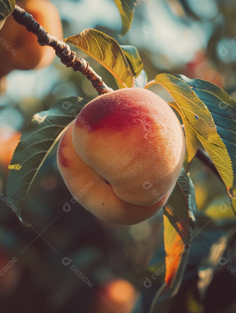 Um pêssego pendurado em um pessegueiro