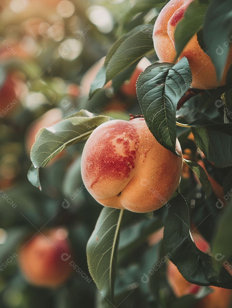 Um pêssego pendurado em um pessegueiro