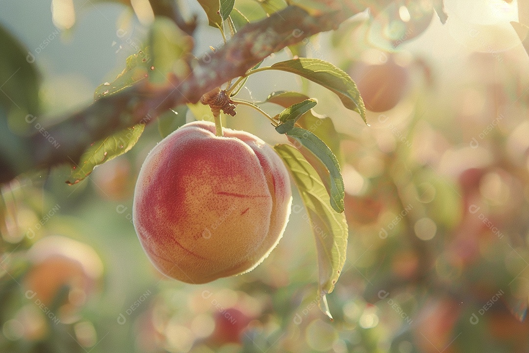 Um pêssego pendurado em um pessegueiro