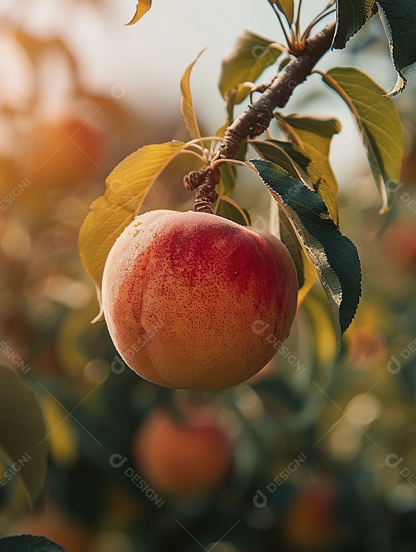 Um pêssego pendurado em um pessegueiro
