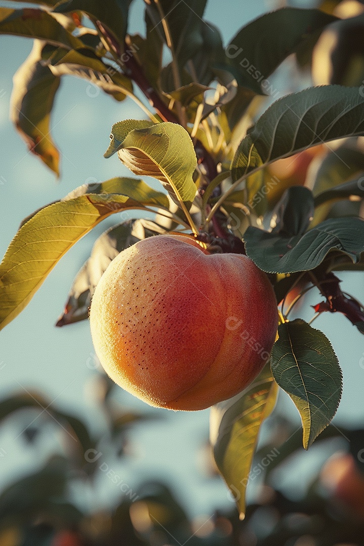 Um pêssego pendurado em um pessegueiro