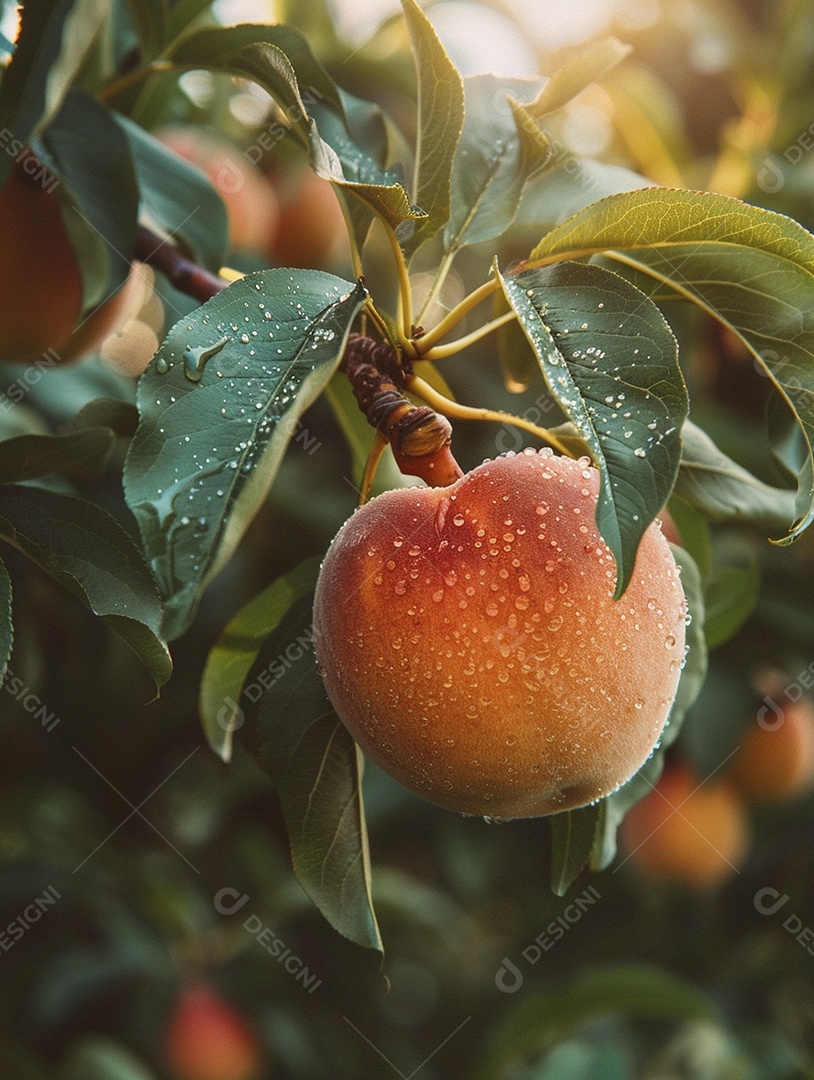Um pêssego pendurado em um pessegueiro