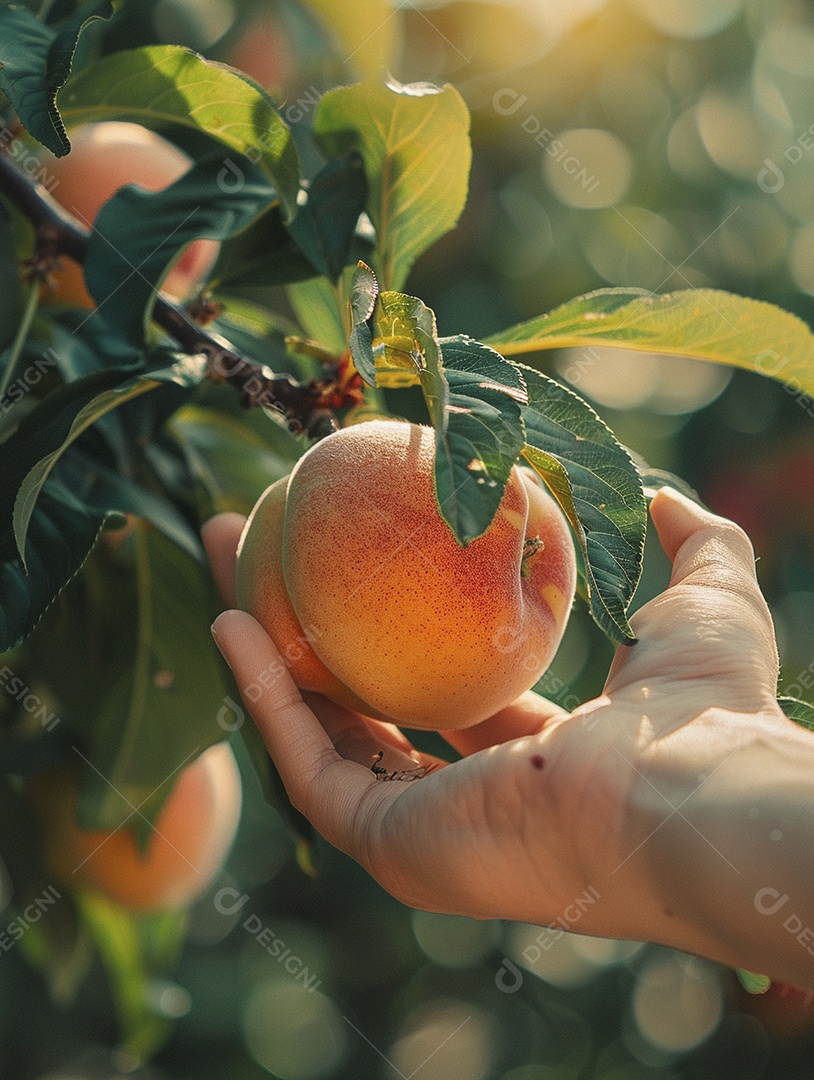 Um pêssego pendurado em um pessegueiro