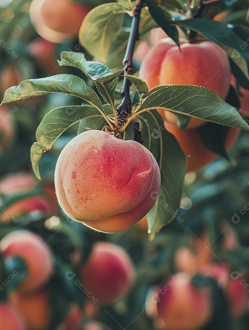 Um pêssego pendurado em um pessegueiro