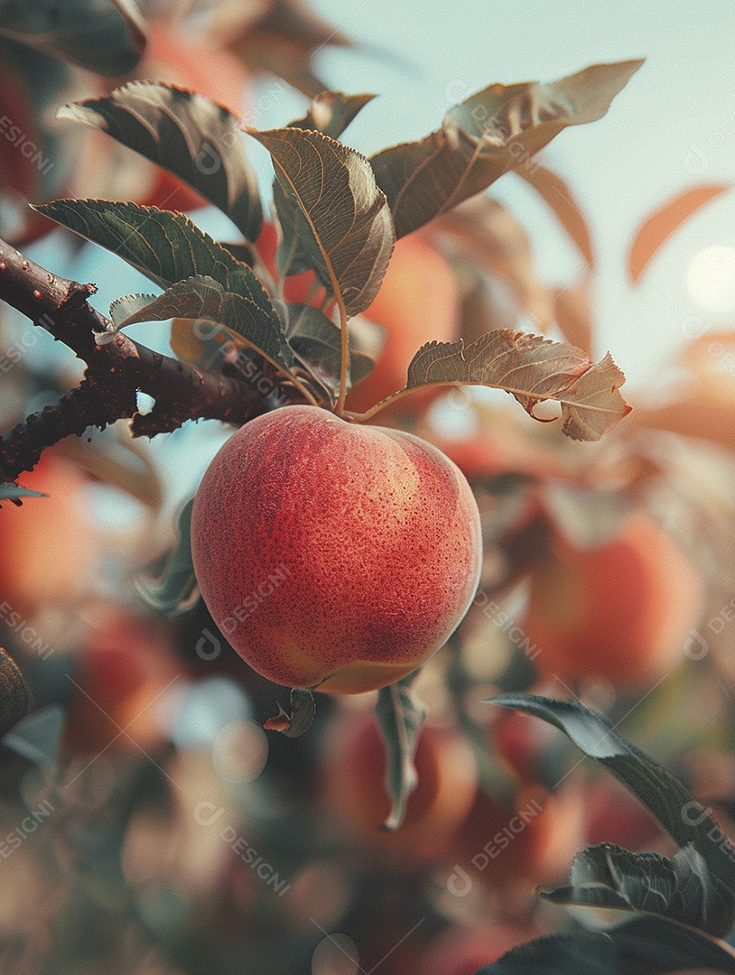 Um pêssego pendurado em um pessegueiro