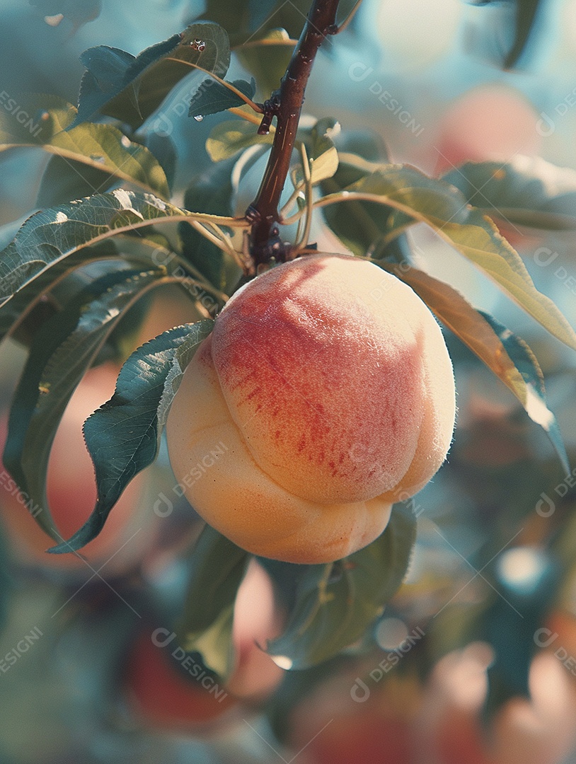 Um pêssego pendurado em um pessegueiro