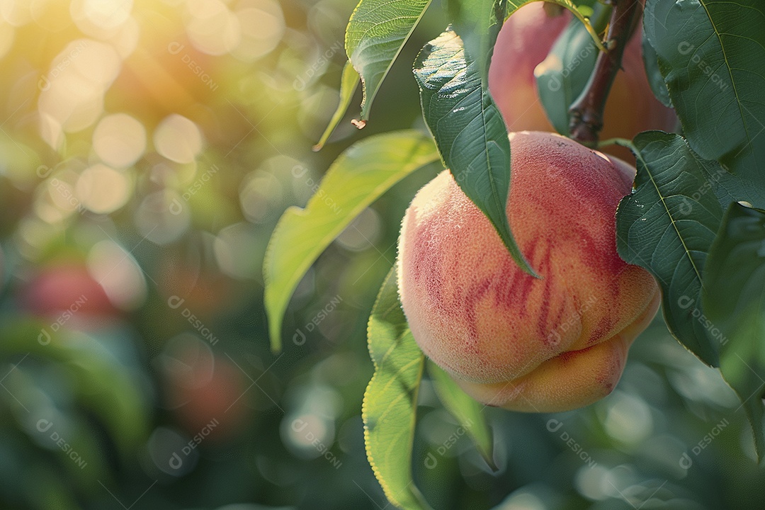 Um pêssego pendurado em um pessegueiro