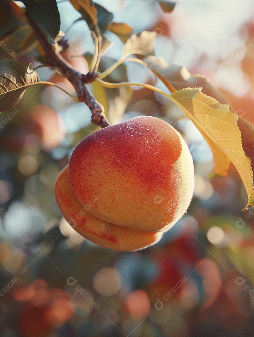 Um pêssego pendurado em um pessegueiro