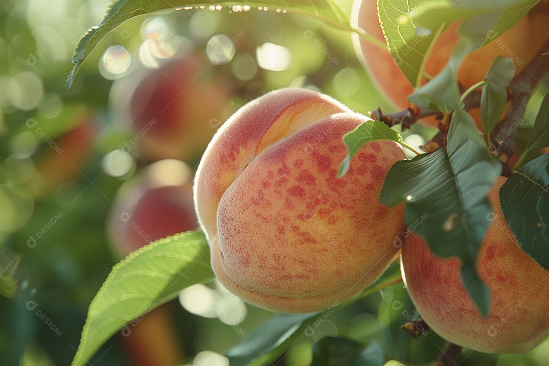 Um pêssego pendurado em um pessegueiro