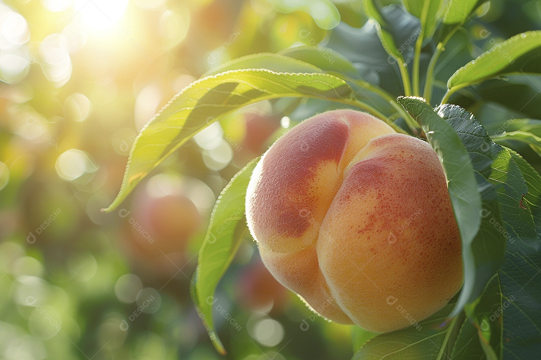Um pêssego pendurado em um pessegueiro