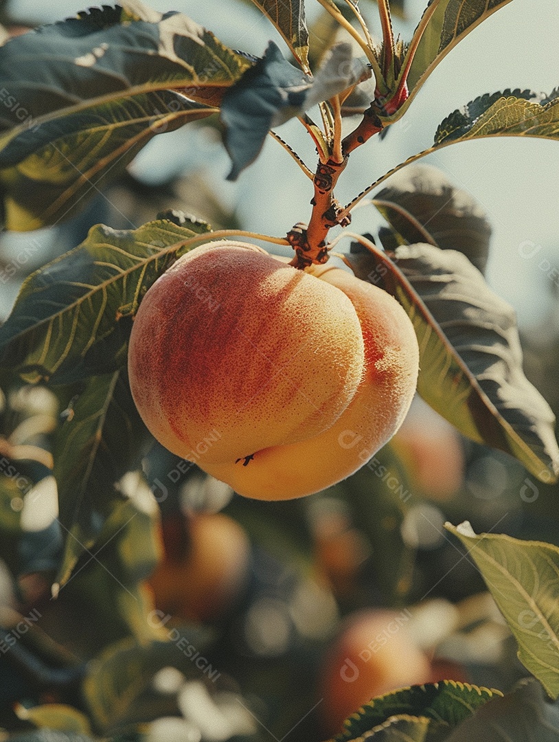 Um pêssego pendurado em um pessegueiro