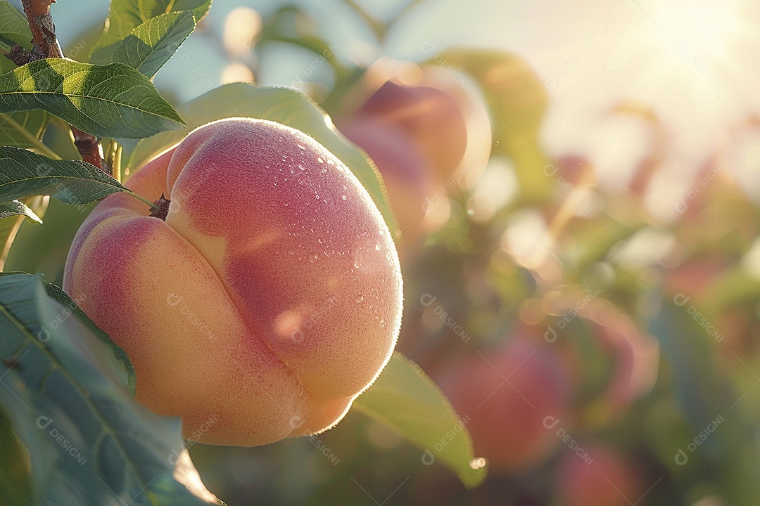 Um pêssego pendurado em um pessegueiro
