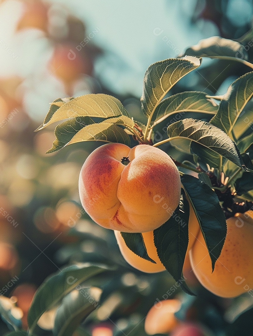 Um pêssego pendurado em um pessegueiro
