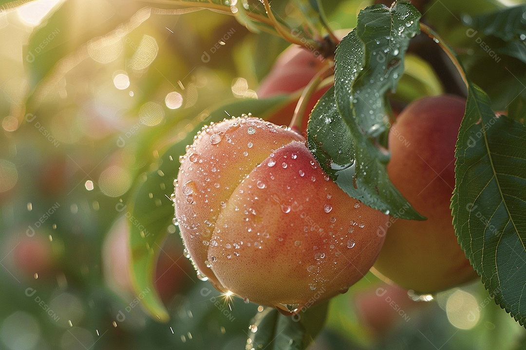 Um pêssego pendurado em um pessegueiro