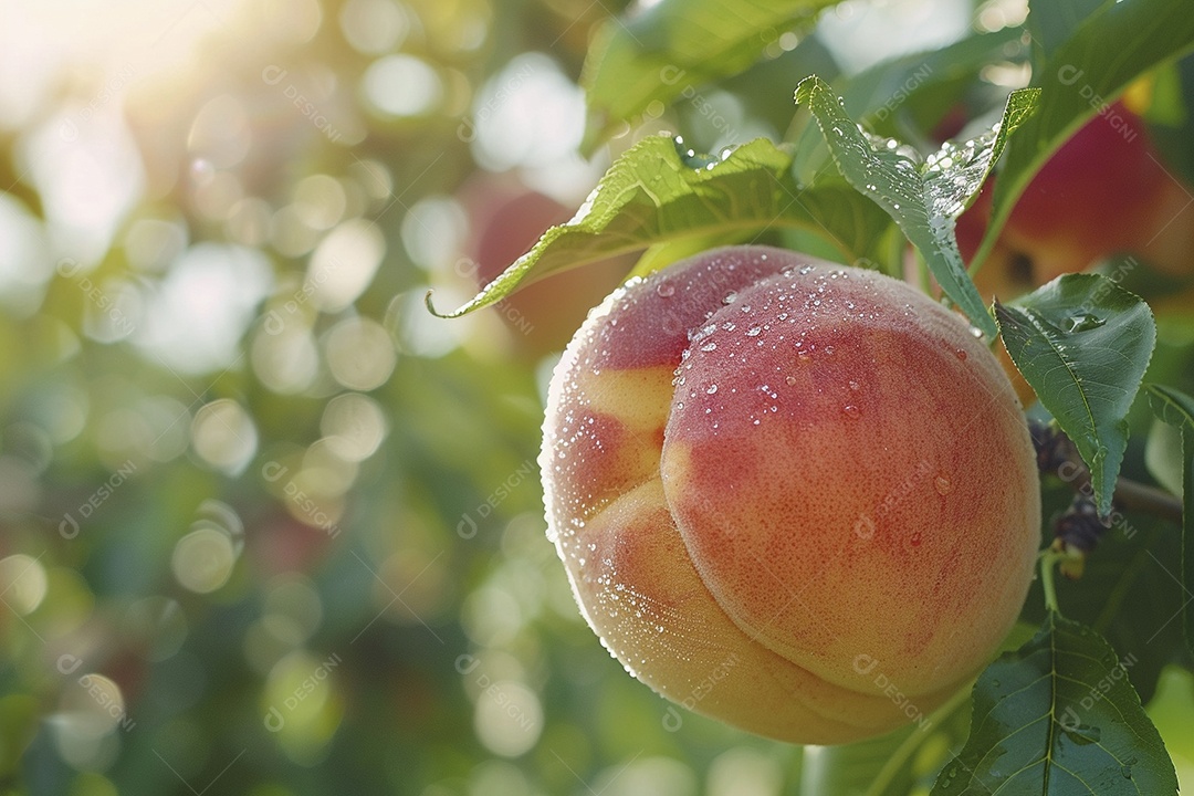 Um pêssego pendurado em um pessegueiro