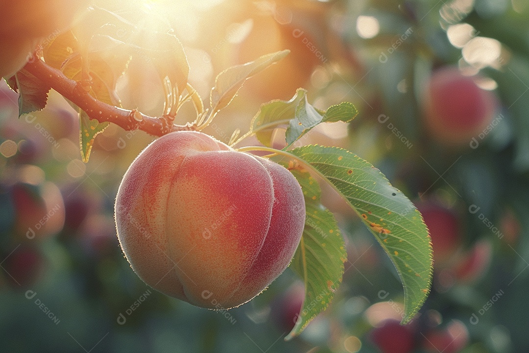 Um pêssego pendurado em um pessegueiro