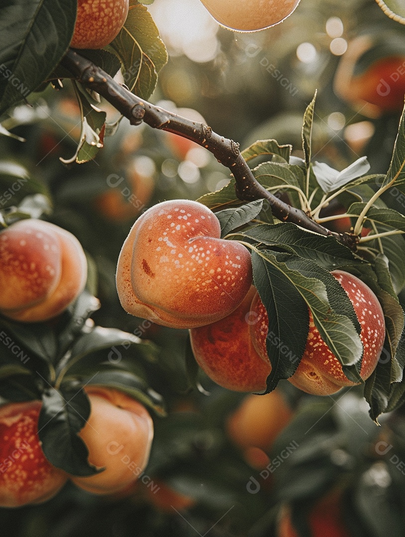 Um pêssego pendurado em um pessegueiro