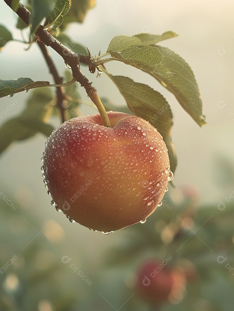Um pêssego pendurado em um pessegueiro