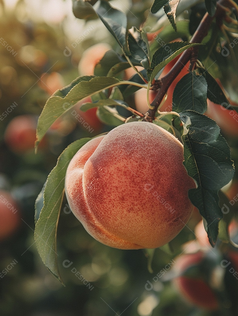 Um pêssego pendurado em um pessegueiro