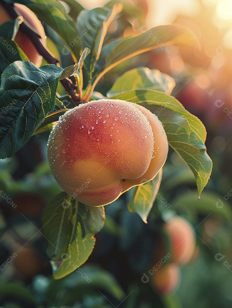 Um pêssego pendurado em um pessegueiro