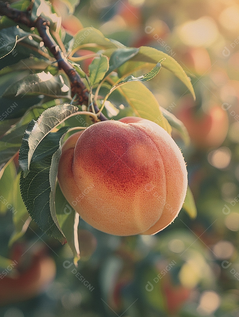Um pêssego pendurado em um pessegueiro
