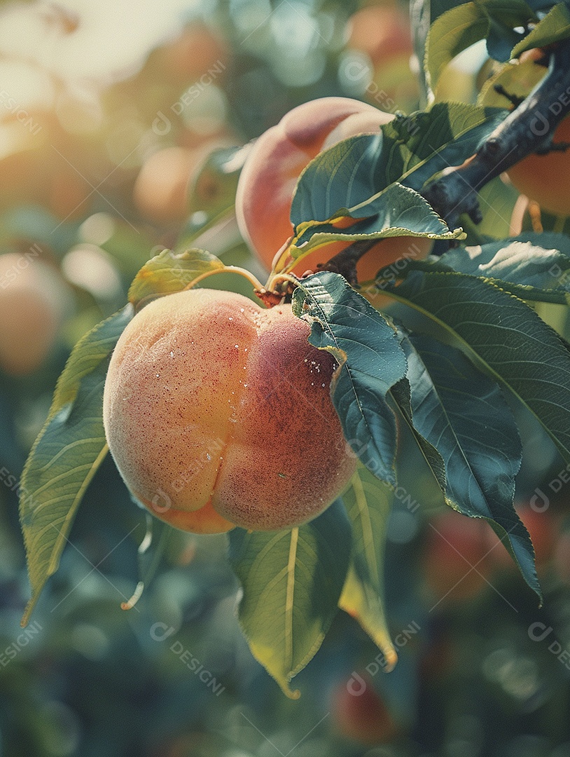 Um pêssego pendurado em um pessegueiro