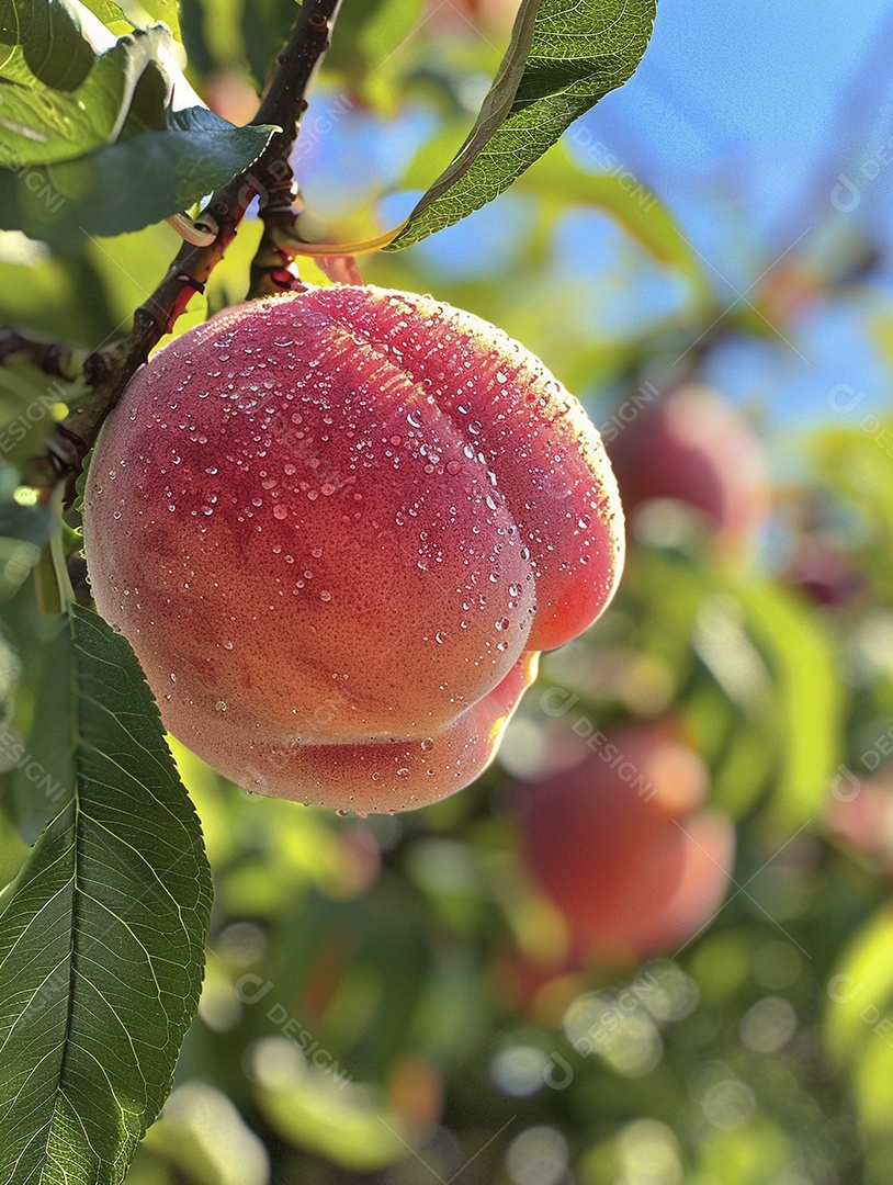 Um pêssego pendurado em um pessegueiro