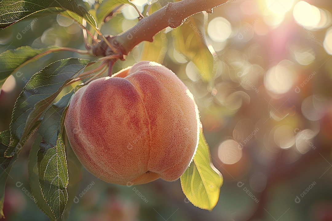 Um pêssego pendurado em um pessegueiro