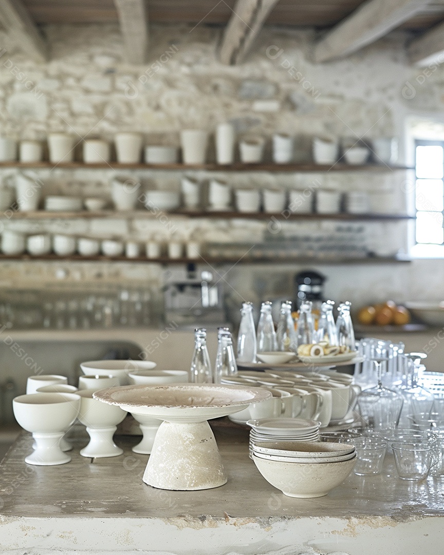 Uma mesa larga em uma cozinha - maquete de design de palco para produtos