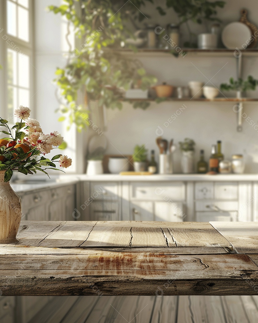 Uma mesa larga em uma cozinha - maquete de design de palco para produtos