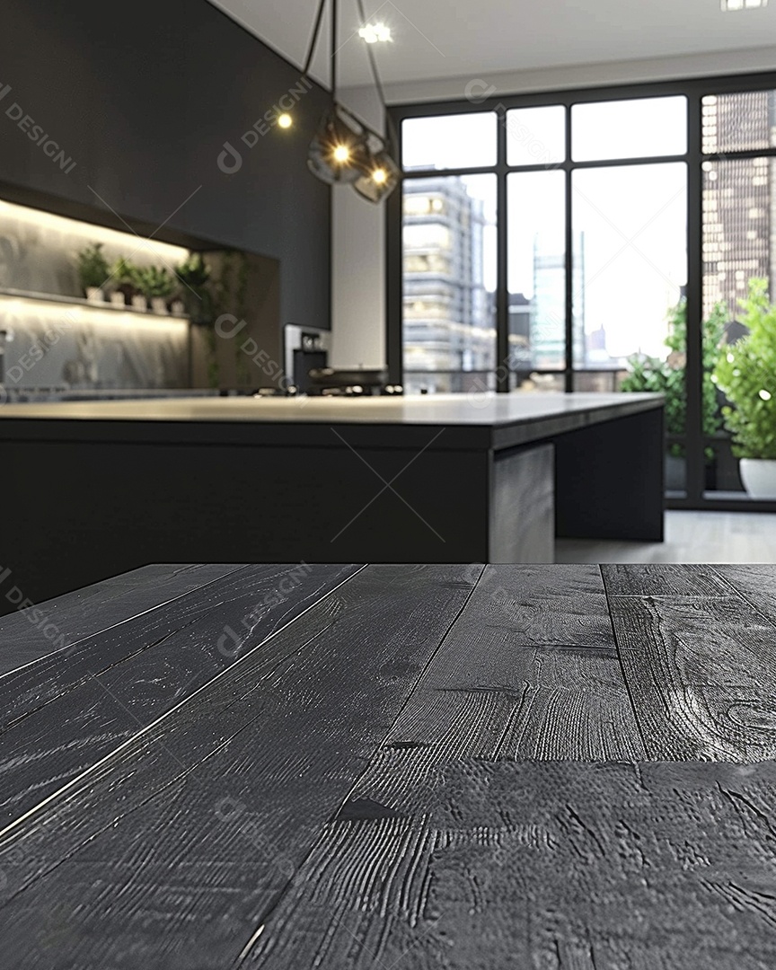 Uma mesa larga em uma cozinha - maquete de design de palco para produtos