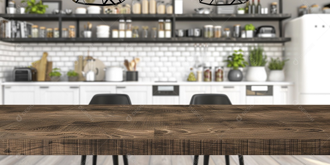 Uma mesa larga em uma cozinha - maquete de design de palco para produtos