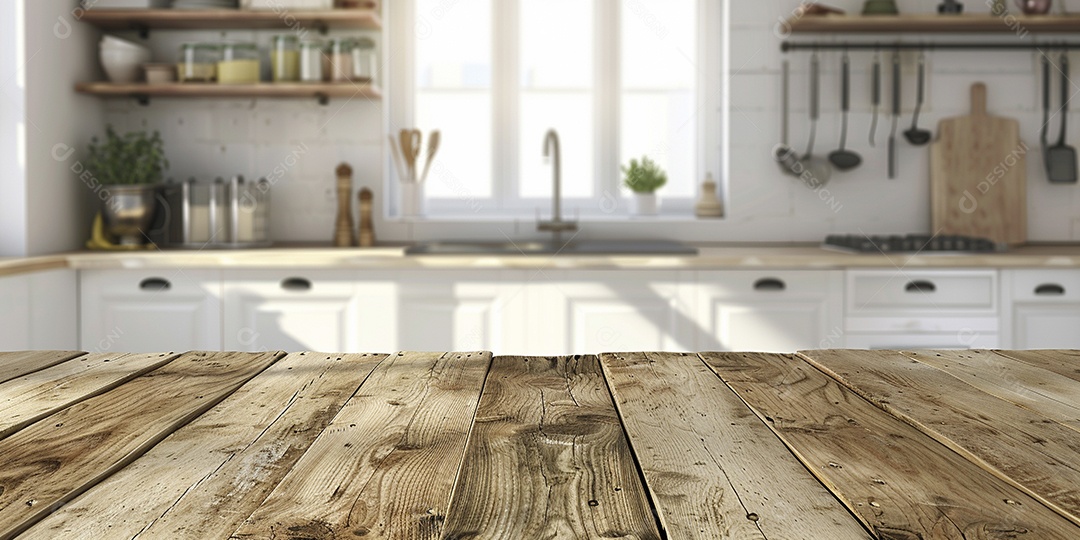 Uma mesa larga em uma cozinha - maquete de design de palco para produtos