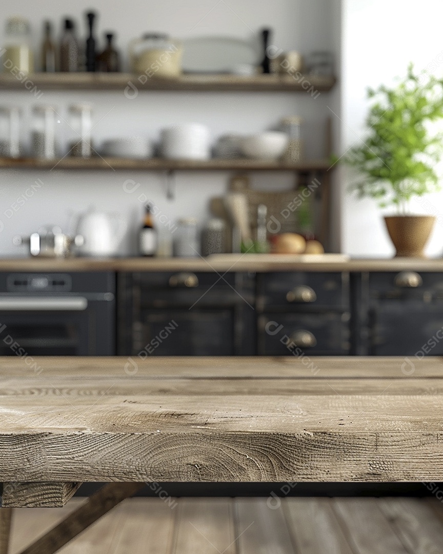 Uma mesa larga em uma cozinha - maquete de design de palco para produtos