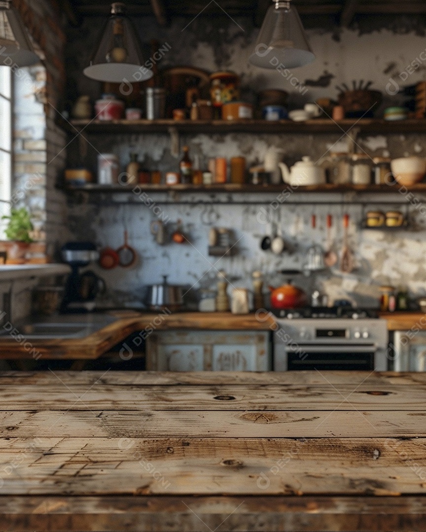 Uma mesa larga em uma cozinha - maquete de design de palco para produtos