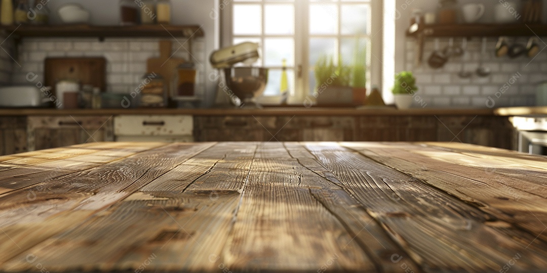 Uma mesa larga em uma cozinha - maquete de design de palco para produtos