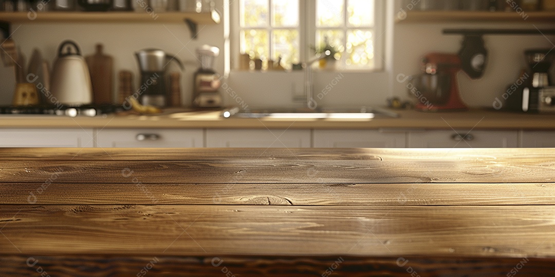 Uma mesa larga em uma cozinha - maquete de design de palco para produtos