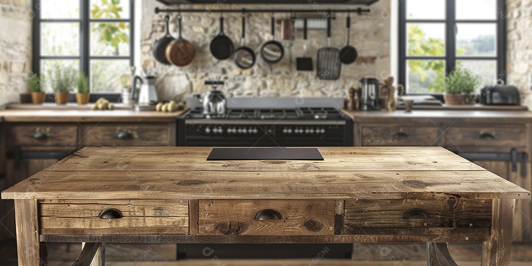 Uma mesa larga em uma cozinha - maquete de design de palco para produtos