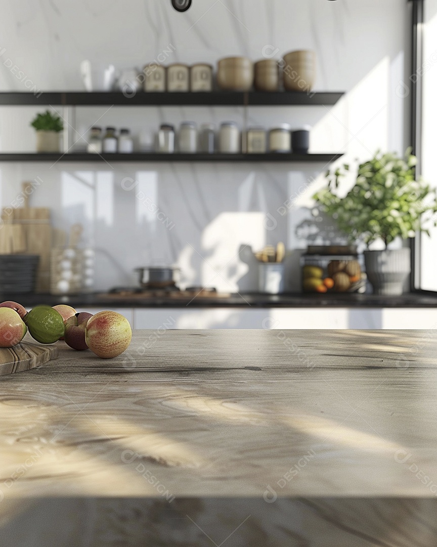 Uma mesa larga em uma cozinha - maquete de design de palco para produtos