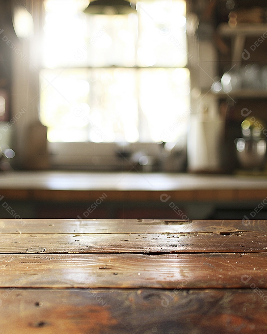 Uma mesa larga em uma cozinha - maquete de design de palco para produtos